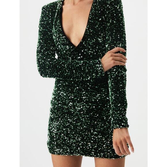 BARDOT Women's Lilia Sequin Mini Dress XS US 2 Vivid Green Long Sleeve NWT - Picture 4 of 13
